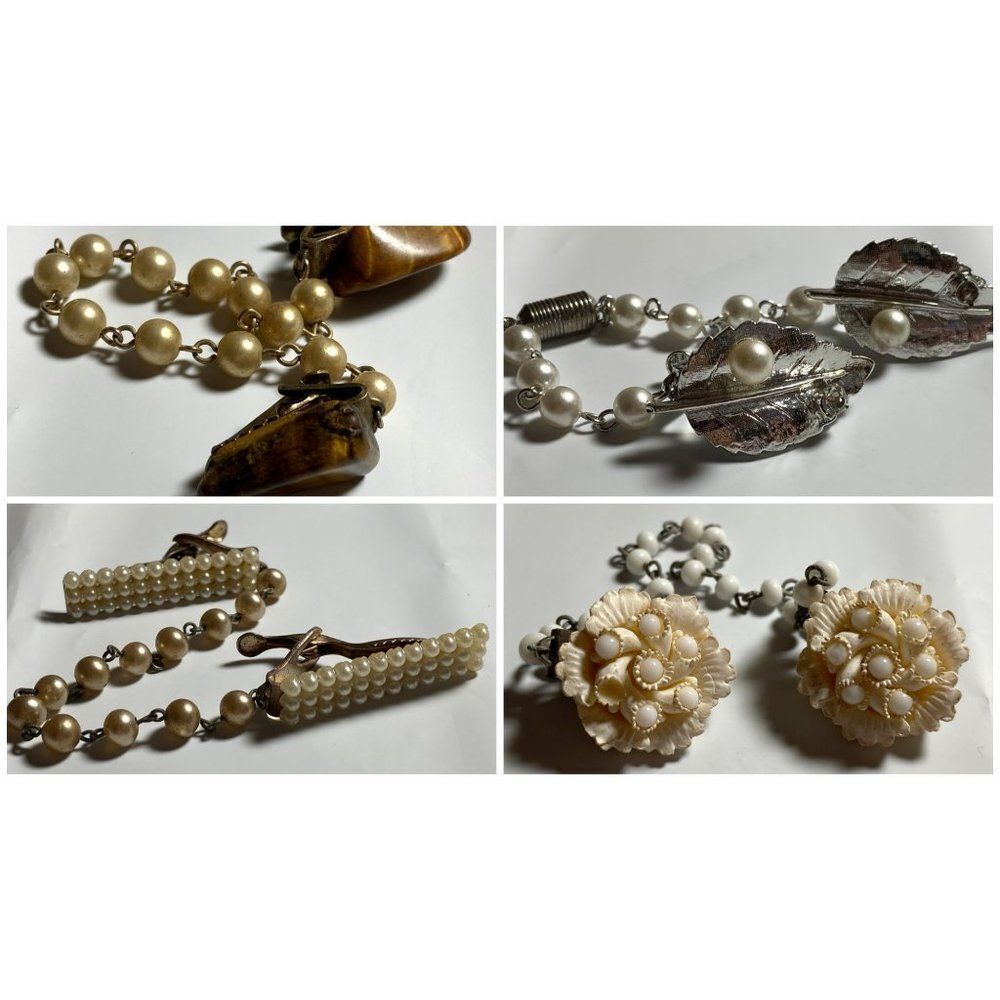 Vintage Sweater Clips 1950's 4-Pieces Pearl Leaf Celluloid Tiger Eye Pearl Bars